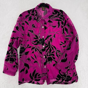 Vintage Mirasol Top Sheer Purple Magenta with Black Velvet Flowers Whimsigoth XL